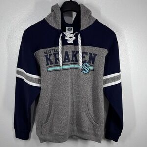 NHL Seattle Kraken Hockey Lace Up Pullover Hoodie Striped‎ Sleeves Medium Logo